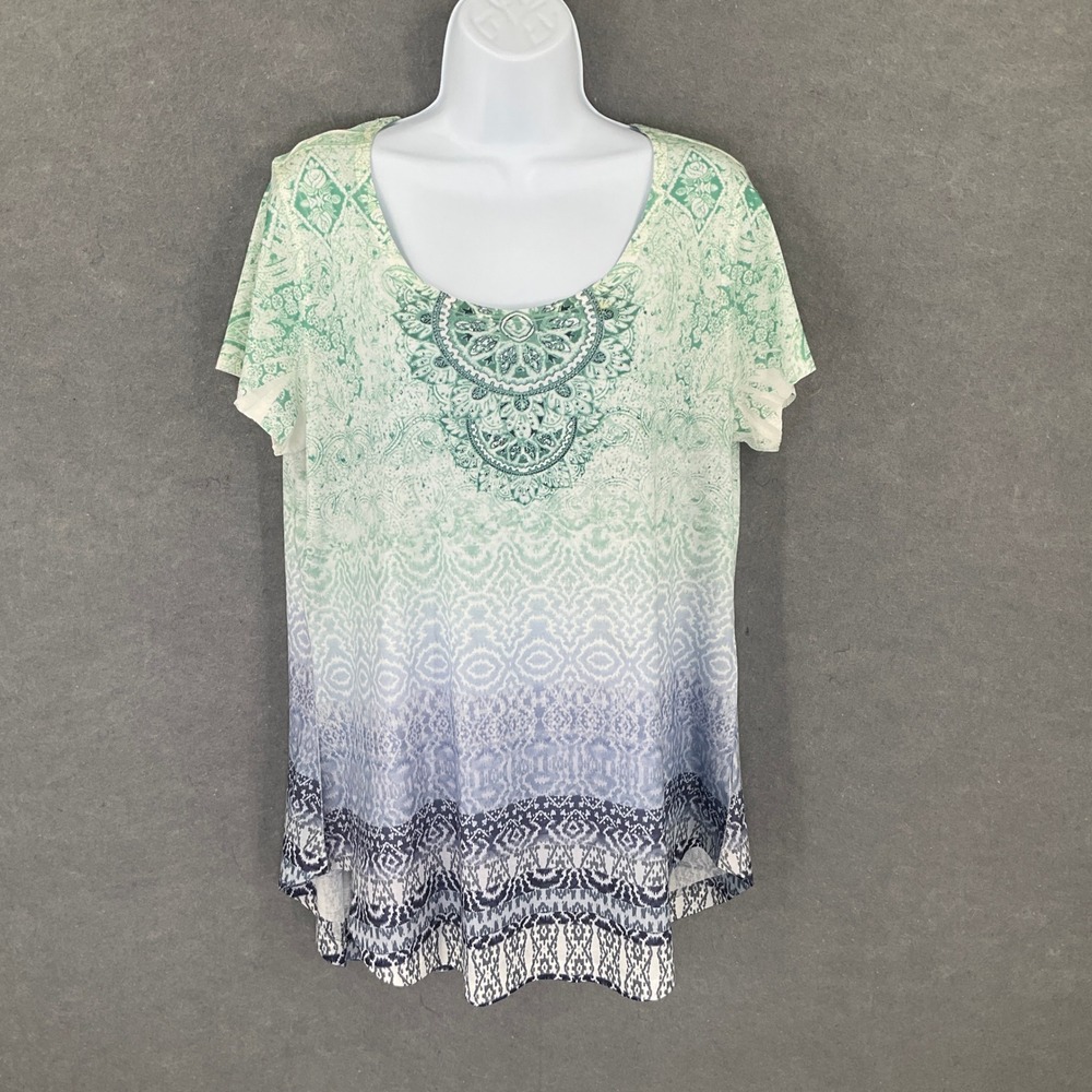 World Unity Ombre Paisley Rhinestone Embellished Tunic Top Womens Sz XL Boho